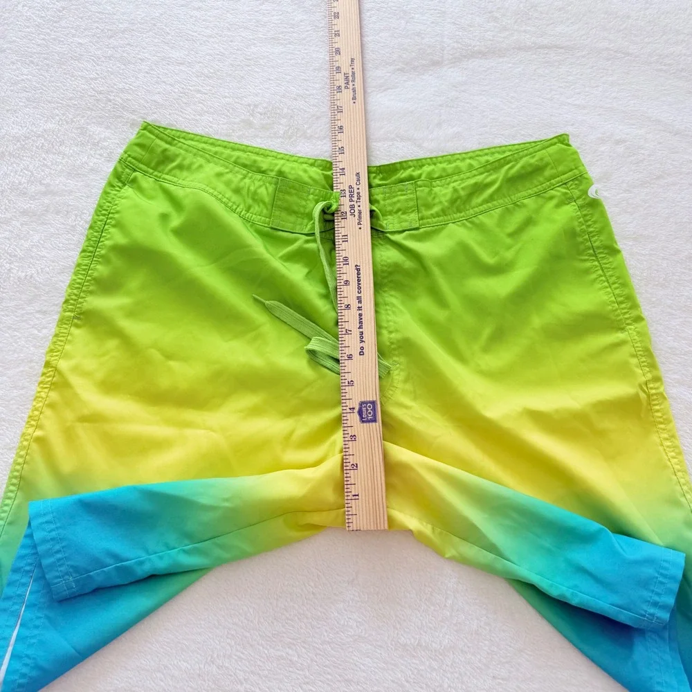O'Rageous Swim Trunks Men Large Green Yellow Blue Ombre Gradient Board Shorts